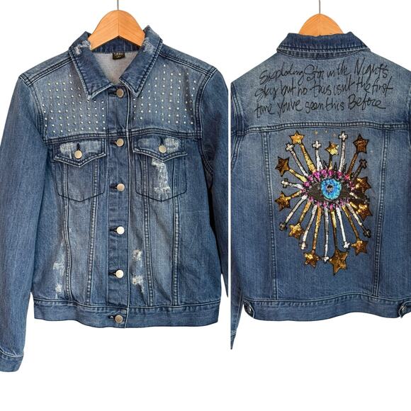 Tinsel Town Distressed Denim Jacket Sequin Stars & Eye Motif Women’s Small - Picture 1 of 15